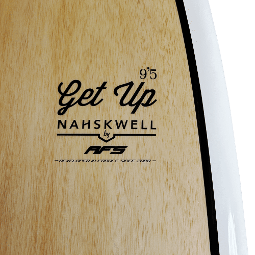 Surfboard with the words "get up nakwell" inscribed on it