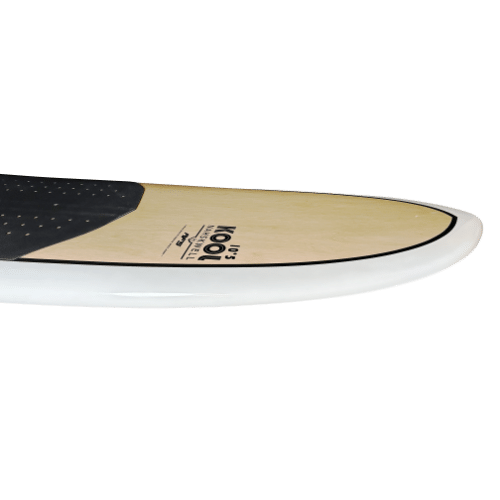 A close-up surfboard with a black and white design