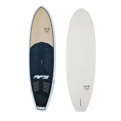 White and black surfboard with blue and white logo