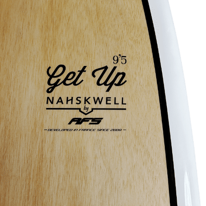 Surfboard with the words "get up nakwell" inscribed on it