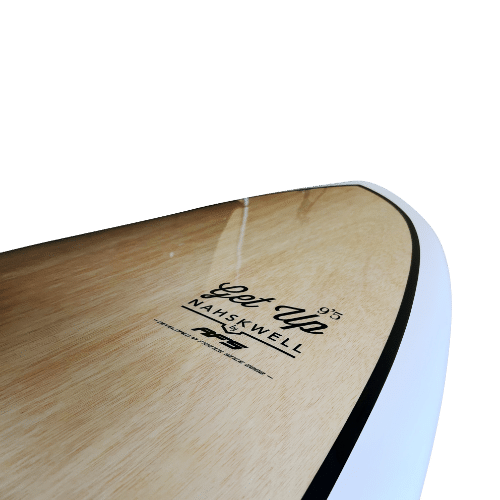 Surfboard close-up with visible logo