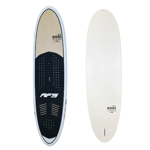White and black surfboard with black underside