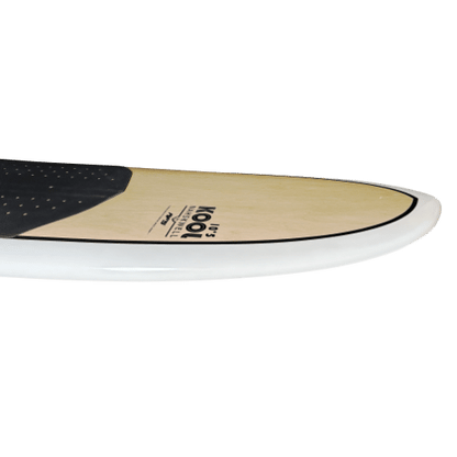 A close-up surfboard with a black and white design
