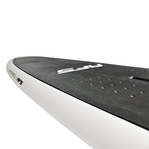 White surfboard with black and white logo