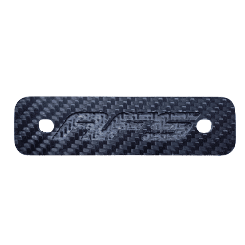 A black carbon fiber plate with the word "rf" inscribed on it